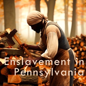 A Black man in colonial garb chops wood on a rural Pennsylvania farm.